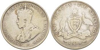 Австралия 1 флорин 1914 L, Георг V (1910-1936), герб Австралии KM 27 серебро 4512-926