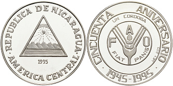Никарагуа 1 кордоба 1995 50 лет FAO, тираж 2200 экз KM 87 серебро PROOF 1084-7-43