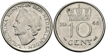 Нидерланды 10 центов 1948 Вильгельмина (1895-1948) KM 177 никель 96-518