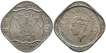 Британская Индия 1/2 анна 1947 Георг VI (1937-1952) KM 535.2 медно-никель 4549-526