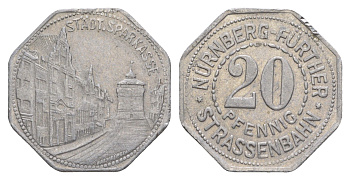 Нюрнберг трамвайный (транспортный) жетон в 20 пфеннигов ND (1920-1921) сберегательная касса Men05 19256.36, Men18 24102.36 алюминий 4638-335