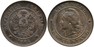 Аргентина 1 сентаво 1884 голова свободы влево KM 7 бронза 4525-1021