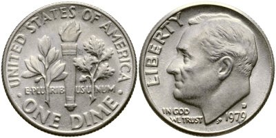 США 10 ЦЕНТОВ = 1 ДАЙМ 1979 D, РУЗВЕЛЬТ KM 195а медь плакированная медно-никелем 53-215