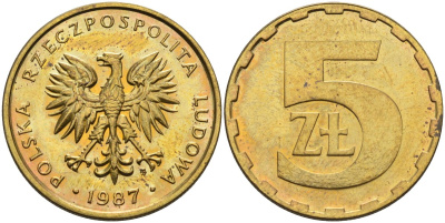 Польша 5 злотых 1987 MW, Народная Республика KM 81.2, Parchimowicz 222b латунь aUNC 4556-1044