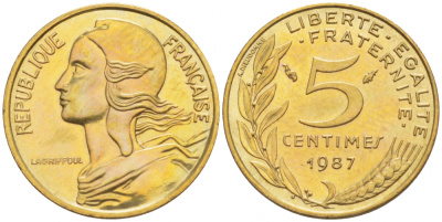 ФРАНЦИЯ 5 САНТИМОВ 1987 ТИП MARIANNE KM 933 медь алюминий никель 112-852