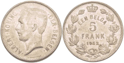 БЕЛЬГИЯ 5 ФРАНКОВ 1932 АЛЬБЕРТ I, DER BELGEN KM 98 никель 3851-414