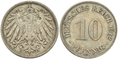 ГЕРМАНИЯ 10 ПФЕННИГОВ 1912 D KM 12, J. 13, Weege 8 медно-никель 212-213