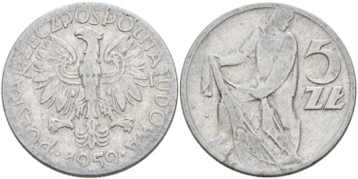 Польша 5 злотых 1959 MW, рыбак KM 47 алюминий 4572-344