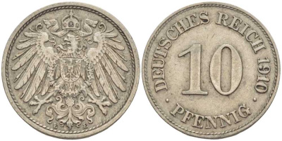ГЕРМАНИЯ 10 ПФЕННИГОВ 1910 E KM 12, J. 13 медно-никель 31-1113