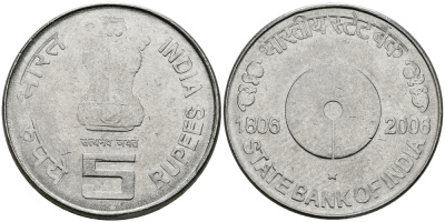 Индия 5 рупий 2006 200 лет Банку Индии KM 357 сталь aUNC 95-546