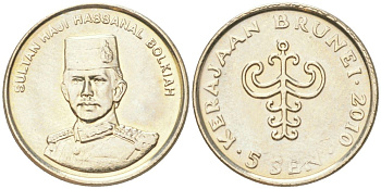 Бруней 5 сенов 2010 KM 35 медно-никель UNC 4614-417