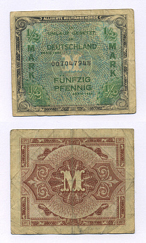 ГЕРМАНИЯ 1/2 МАРКИ 1944 9 ЦИФР В НОМЕРЕ Pick 191а бумага 7146-29-2-1