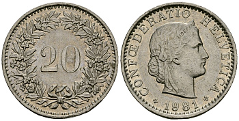 Швейцария 20 раппенов 1981 KM 29a медно-никель 4172-514