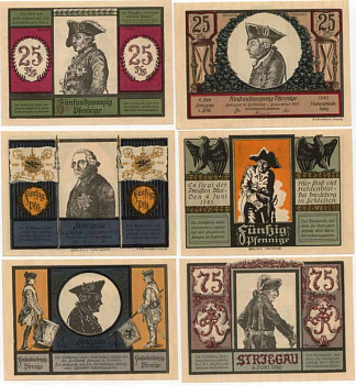Германия, Стригау лот из 6 бон 25, 50 и 75 пфеннигов 1921 полководцы Grabowski 1284.1  бумага  UNC (пресс) 7555-15-3-2