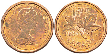КАНАДА 1 ЦЕНТ 1984 КЛЕНОВЫЙ ЛИСТ, ЕЛИЗАВЕТА II (1953-) KM 132 бронза 39-841