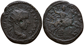 Римская Империя, Провинция Фракия, Деульт AE 238 - 244 Гордиан III, бюст императора / император верхом на лошади Jurukova, Deultum 370 бронза 1100-8-43