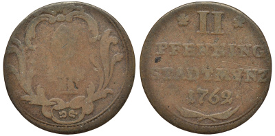Аугсбург 2 пфеннига 1762 KM 169 медь 75-555