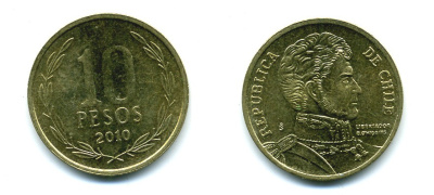 ЧИЛИ 10 ПЕСО 2010 ГЕНЕРАЛ БЕРНАРДО О ХИГГИНС KM 228.2 никель-бронза 37-823