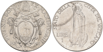 Ватикан 1 лира 1941 Пий XII, Дева Мария KM 26 a сталь UNC 63-954