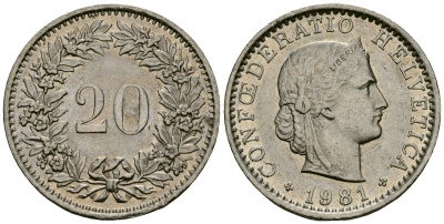 Швейцария 20 раппенов 1981 KM 29a медно-никель 4172-514