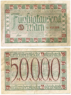 Германия, Вюртемберг 50000 марок 1923 нотгельд, 10 июня 1923 Rosenberg WTR 14 бумага 3295-118-3-1