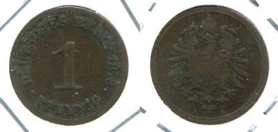 ГЕРМАНИЯ 1 ПФЕННИГ 1876 A, СТАРОГЕРБОВКА KM 1, J. 1 медь 701-112