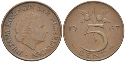 НИДЕРЛАНДЫ 5 ЦЕНТОВ 1967 ЮЛИАНА KM 181 бронза 214-668