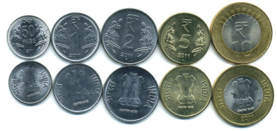 Индия лот из 5 монет 2011 (50 пайсов, 1, 2, 5, 10 рупий) UNC M78-17