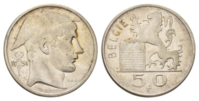 Бельгия 50 франков 1954 Бодуэн I (1951-1993), Belgiqe KM 137 серебро 3855-1146