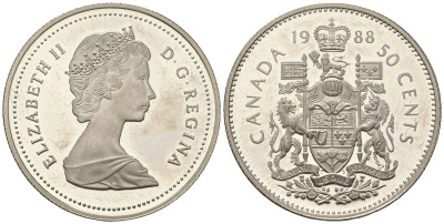 Канада 50 центов 1988 Елизавета II (1952-2022) KM 75.3 никель PROOF 4140-516