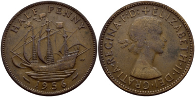 Великобритания 1/2 пенни 1956 Елизавета II (1952-2022) KM 896, Spink 4158 бронза 51-2037