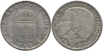 Швеция 1 крона 1990 Карл XVI Густав (1973- ) KM 852a медно-никель 4388-143
