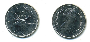 КАНАДА 25 ЦЕНТОВ 1984 ОЛЕНЬ KM 74 никель UNC 540-731