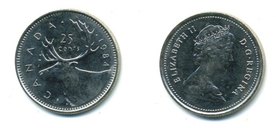 КАНАДА 25 ЦЕНТОВ 1984 ОЛЕНЬ KM 74 никель UNC 540-731