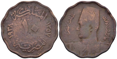 ЕГИПЕТ 10 МИЛЛИМОВ 1938 АН 1357, ФАРУК I (1936-1952) KM 361 бронза 4511-122