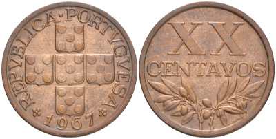 ПОРТУГАЛИЯ 20 СЕНТАВО 1967 KM 584 бронза 4561-532
