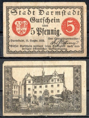 Дармштадт (Гессен) 5 пфеннигов 1920 Mehl Grabowski D5.5 бумага 7555-57-4-1