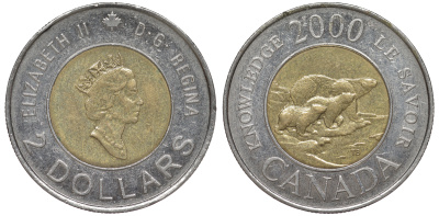 Канада 2 доллара 2000 миллениум, полярные медведи KM 399 биметалл 4605-625