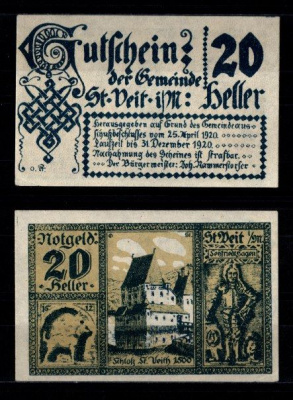 Австрия, Санкт-Файт-им-Мюлькрайс 20 геллеров 1920 бумага UNC (пресс) 2193-33-2-2