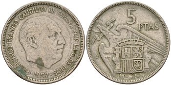 Испания 5 песет 1957 (59) Франсиско Франко (1939 - 1975) KM 786 медно-никель 4155-524