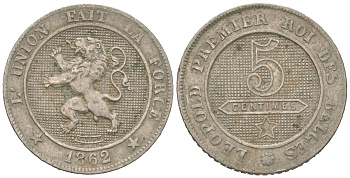 Бельгия 5 сантимов 1862 Леопольд I (1831-1865) KM?21 медно-никель 4615-659