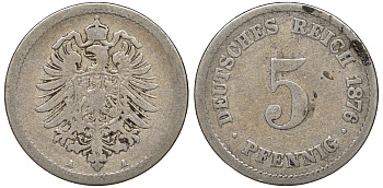 Германия 5 пфеннигов 1876 A, старогербовка KM 3, J. 3 медно-никель 51-3647
