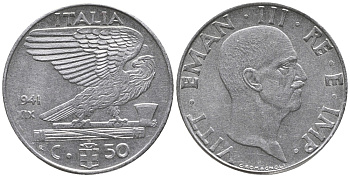 ИТАЛИЯ 50 ЧЕНТЕЗИМО 1941 R, ГОД XIX, МАГНИТНАЯ, ВИТОРИО ИМАНУИЛ III KM 76b нержавеющая сталь 34-314