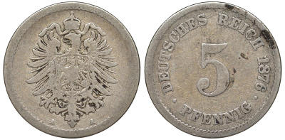 Германия 5 пфеннигов 1876 A, старогербовка KM 3, J. 3 медно-никель 51-3647