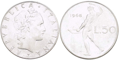 ИТАЛИЯ 50 ЛИР 1968 R, КУЗНЕЦ, ВУЛКАН БОГ ОГНЯ, ДИАМЕТР 25 ММ. KM 95.1 нержавеющая сталь 4390-1035