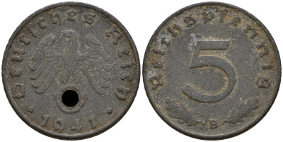 Германия 5 рейхспфеннигов 1941 B J.370, KM 100 цинк    4598-1044