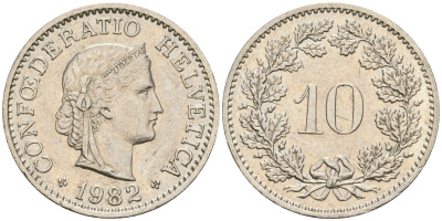 Швейцария 10 раппенов 1982 KM 27 медно-никель 4364-1355