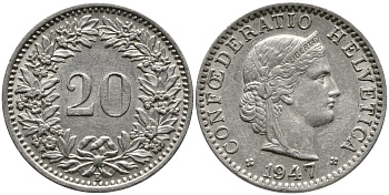 ШВЕЙЦАРИЯ 20 РАППЕНОВ 1947 В KM 29а медно-никель 4539-546