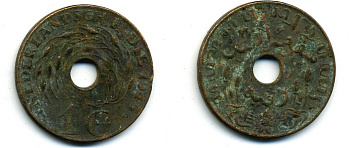 Нидерландская Восточная Индия 1 цент 1945 р, Вильгельмина (1890-1948) KM 317 бронза 56-1215