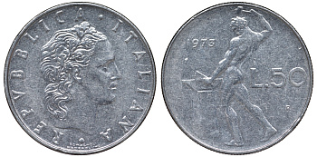 Италия 50 лир 1973 R, бог Вулкан у наковальни KM 95.1 нержавеющая сталь 4142-1151